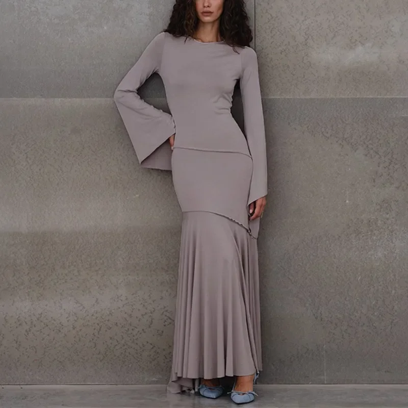 فستان طويل أنيق ثنيات للنساء فستان مكشكش بأكمام طويلة نحيف مطوي عالي الخصر ورقبة مستديرة مرقع فستان نسائي رداء