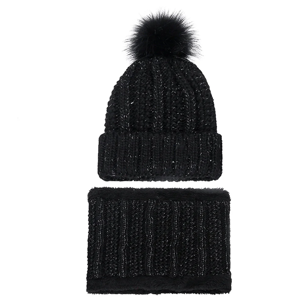 قبعة شتوية محبوكة سميكة للنساء مجموعة وشاح قبعة غزل دافئة للطقس البارد في الهواء الطلق هدية قبعة صوفية سوداء سميكة