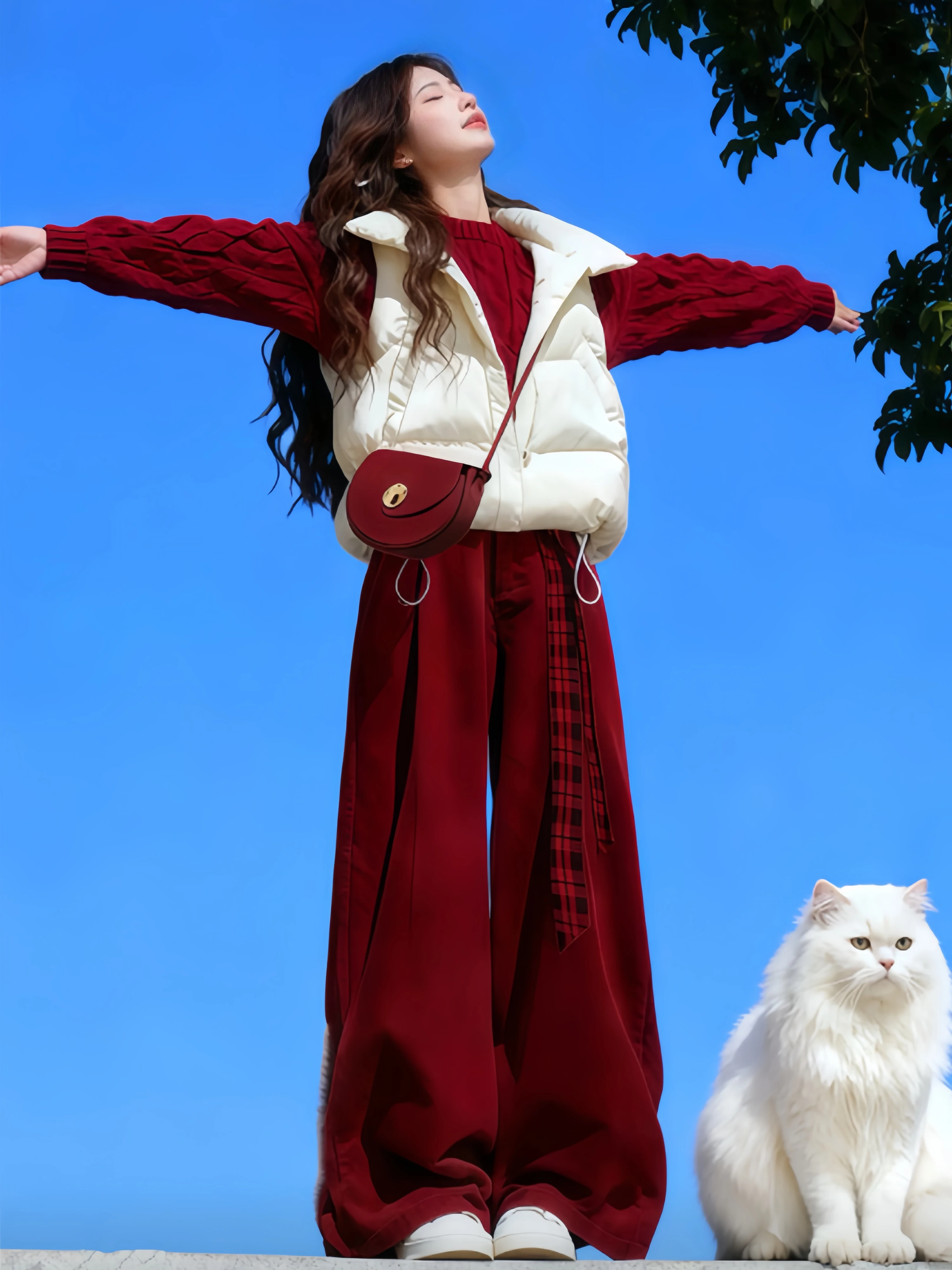 

Warmth Comfortable Women's Three-Piece Set with Wide-Leg Casual Pants Red Sweater And Vest Autumn Winter Fashion Outfit