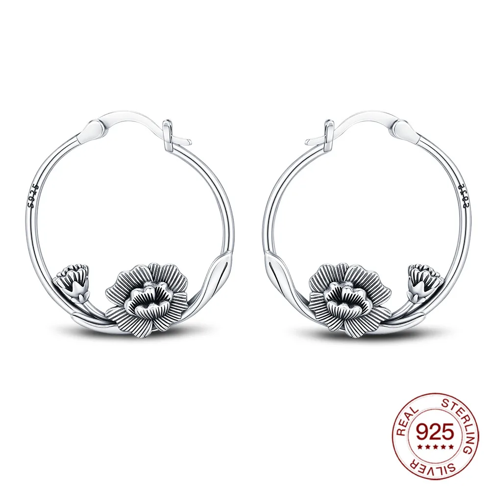 925 Sterling Silber Blumen-Creolen, große Ohrringe, fortschrittliche Hypoallergene Tropfenohrringe, Schmuck, Abschlussgeschenk für Frauen