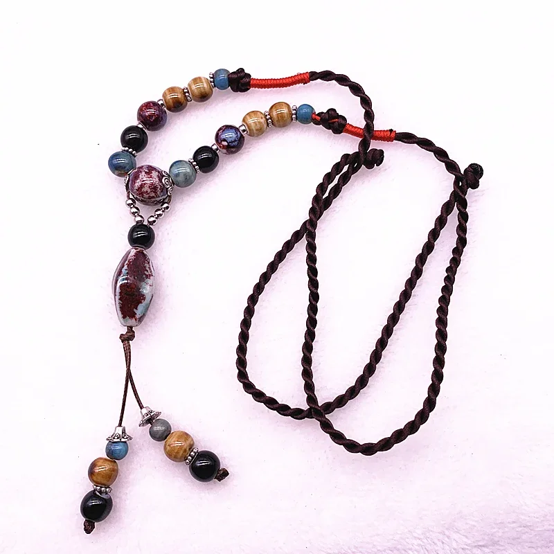 Fashion Ethnic Jewelry Traditional Handmade Ornaments Weave Wax Rope Ceramics Necklace Ceramics Beads Pendant Long Necklace #A