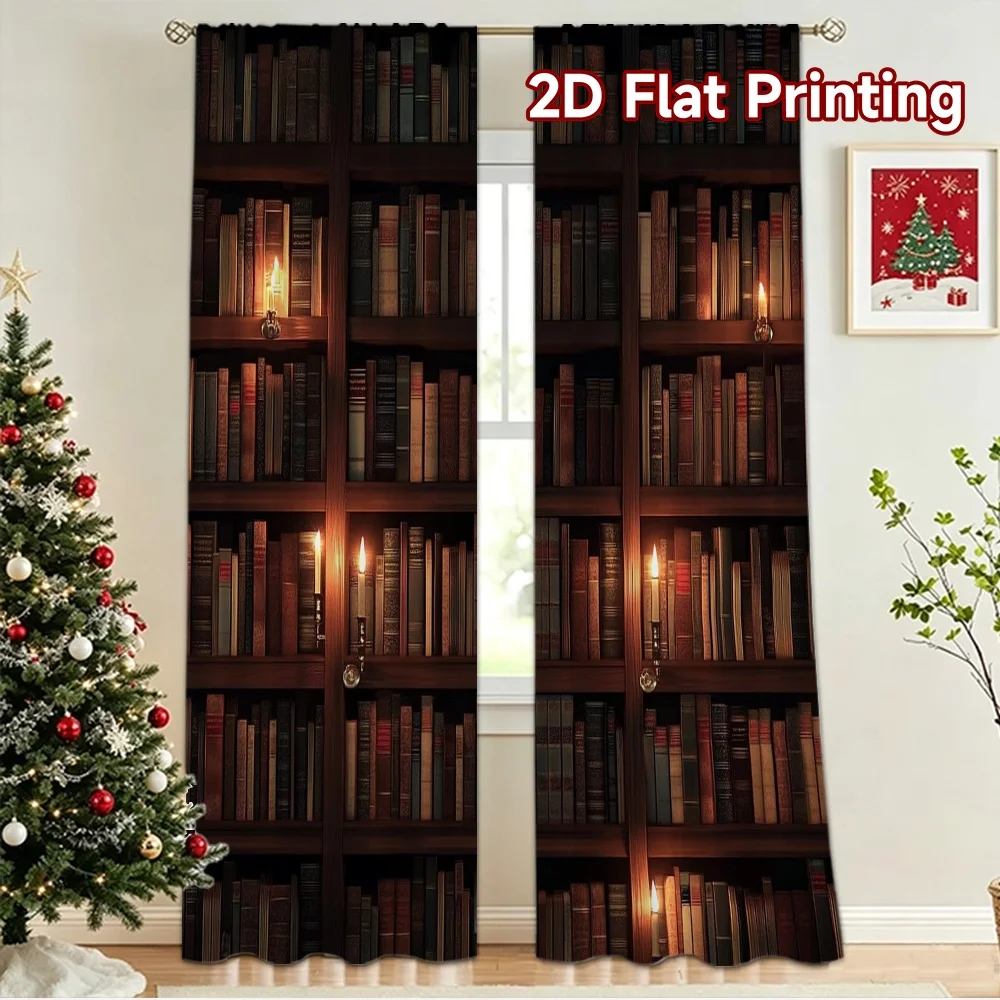 2D flat 2pcs Curtain Country Style Candlelit Book Shelves Digitally printed polyester Family Party Decoration Perfect for Booths