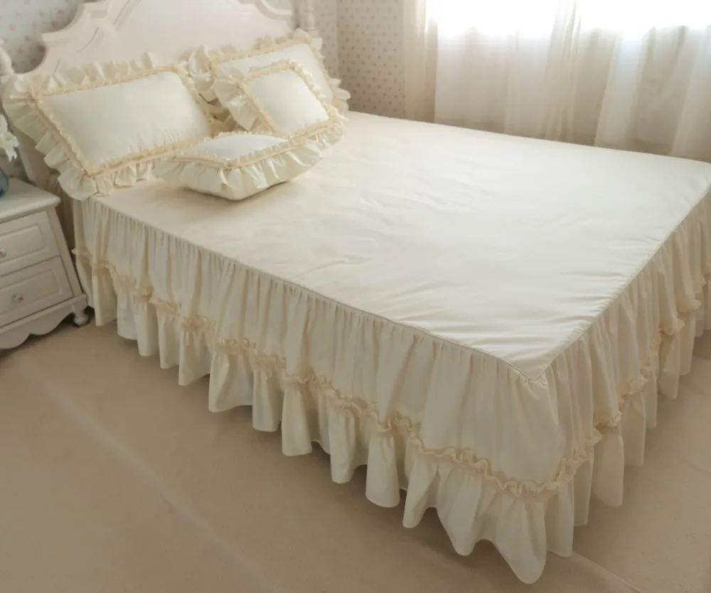 Beige ruffle Korean princess bedding set 3/4pcs twin full queen king size white cake layers bed skirt set