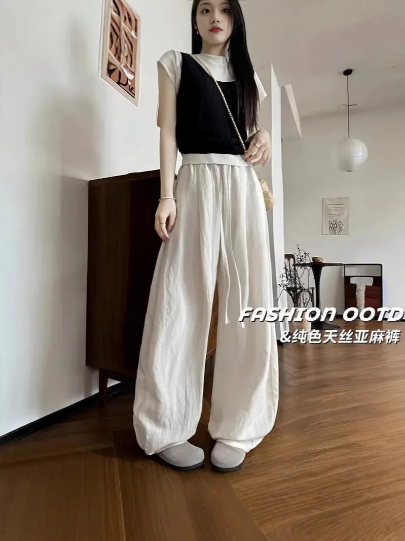 ワイドレッグパンツ ガールズ 日本 レディース 夏 アーバン カジュアル トレンド レギュラーフィット アウトドア ホリデー 通気性 モーダル 中空 ソフトパンツ