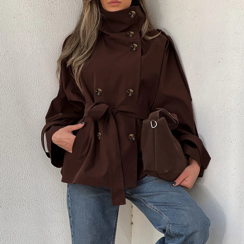2026 Vintage Autumn and Winter Design Sense High Neck Long Sleeved Double Breasted Waist Cinching Commuting Trench Coat