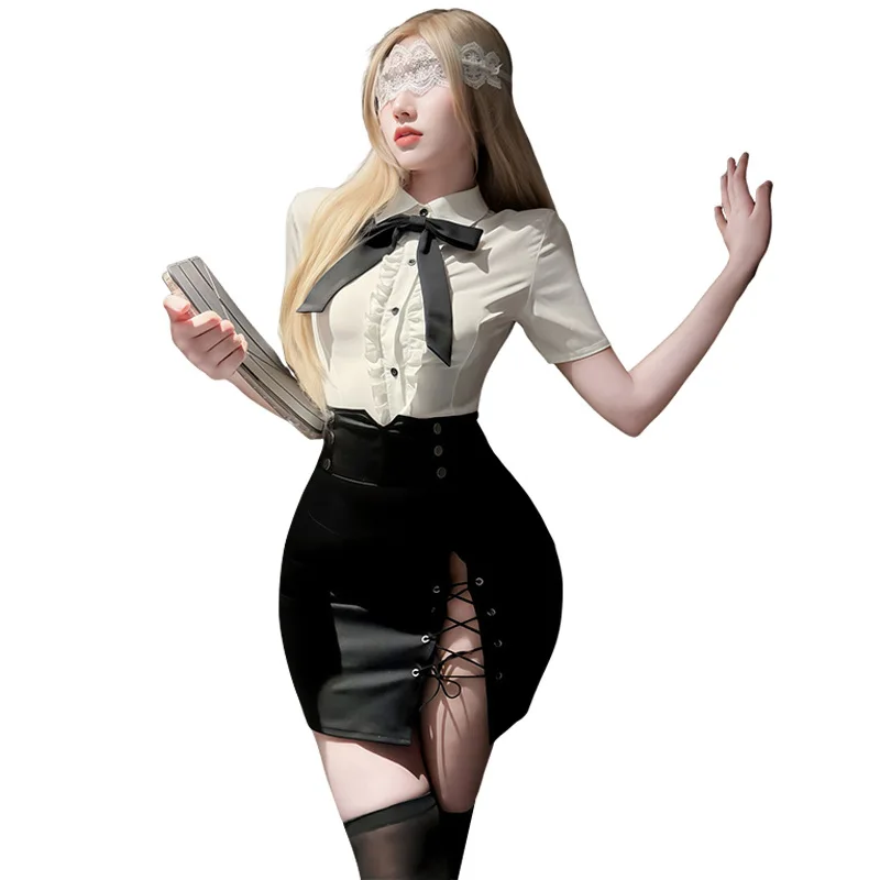 

Original Plus Size Miss Secretary Uniform Temptation Exotic Cosplay Costumes Office Lady Short Sleeve Top With Mini Skirt Set