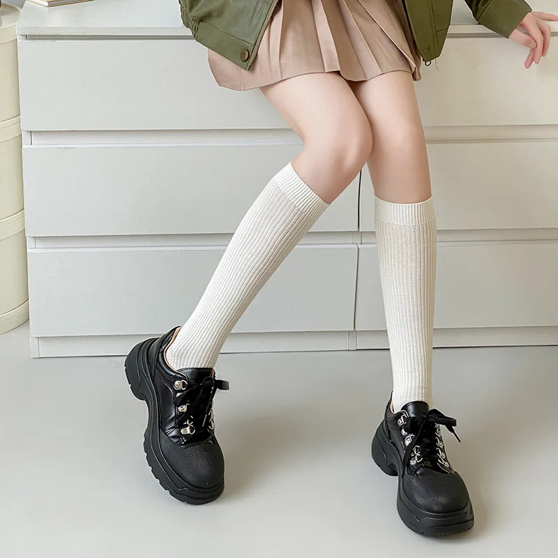 

New Autumn-winter Wool Ankle Socks for Women, Knee-length, White Mid-calf Socks, Warm Vertical Stripes, Long Socks