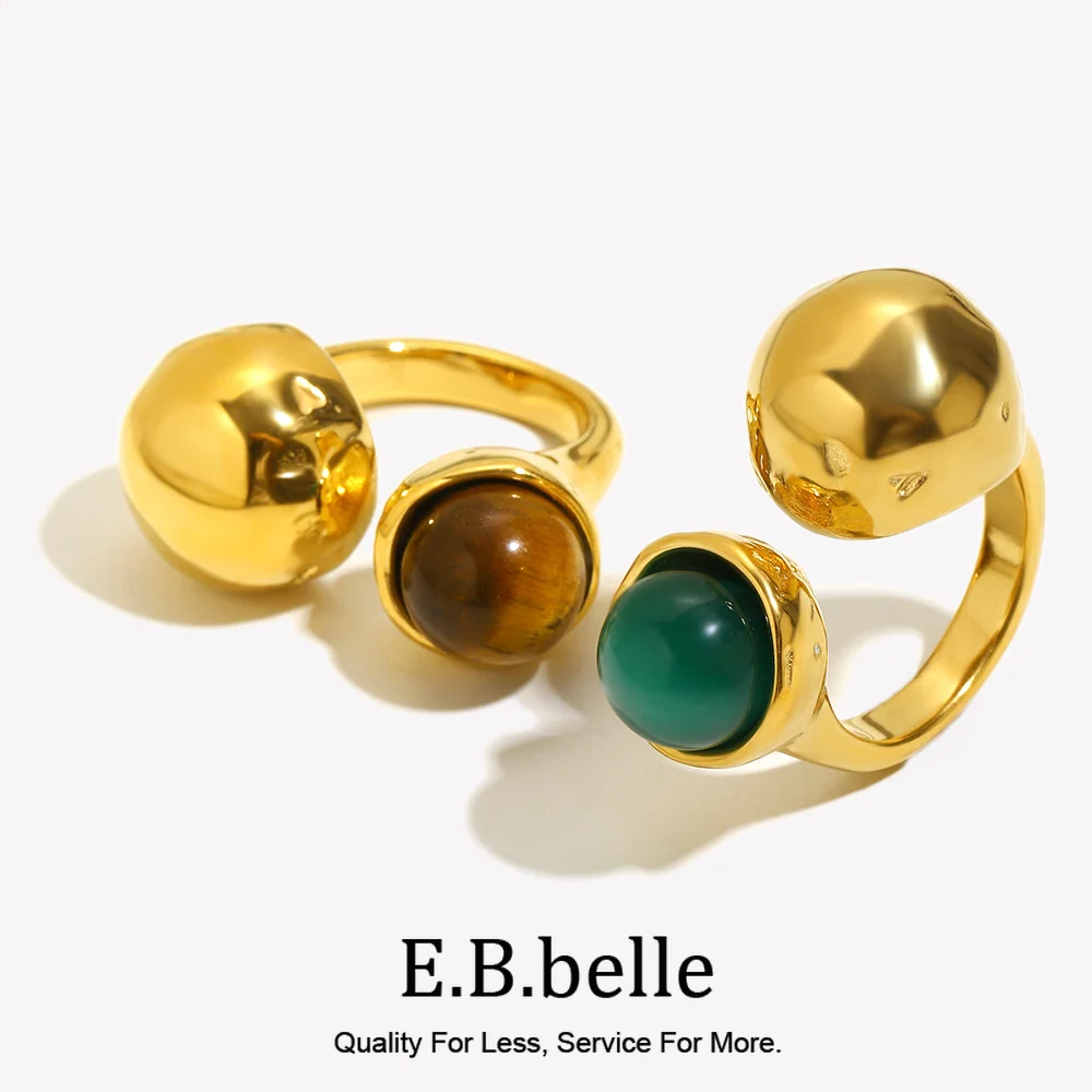 E.B.belle Double Balls Clip Agate Stone Opening Ring Waterproof 316L Stainless Steel Natural Stone Jewelry For Fashion Women