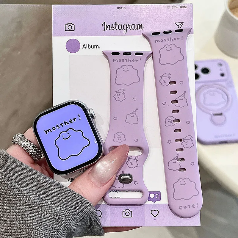 Correa de Silicona con Estampado de Ditto para Apple Watch 11 9 SE Ultra, Correa Deportiva Suave de Dibujos Animados en Color Morado para iWatch, Regalo Perfecto para Chicas
