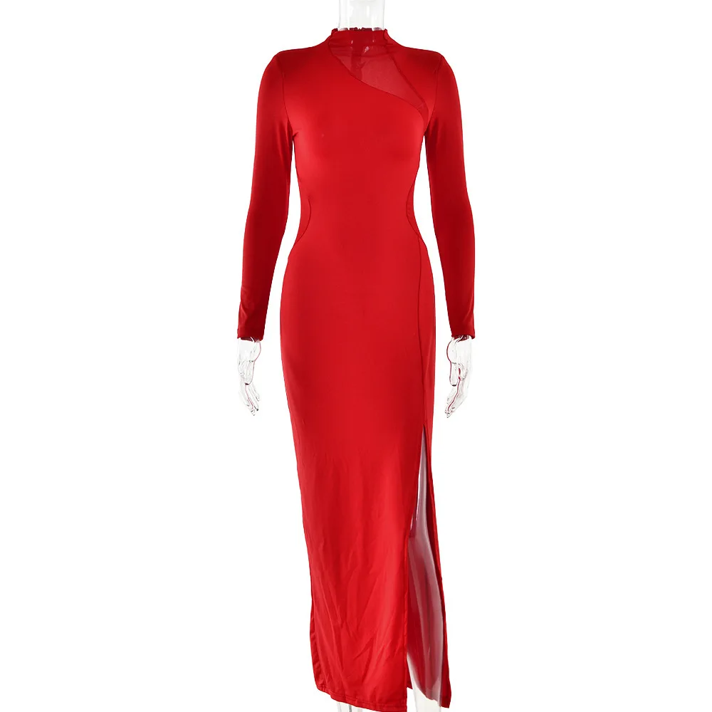 Selling New Round Neck Sheer Patchwork Sleeve Sexy Hot Girl Temperament Tight High Slit Long Dress