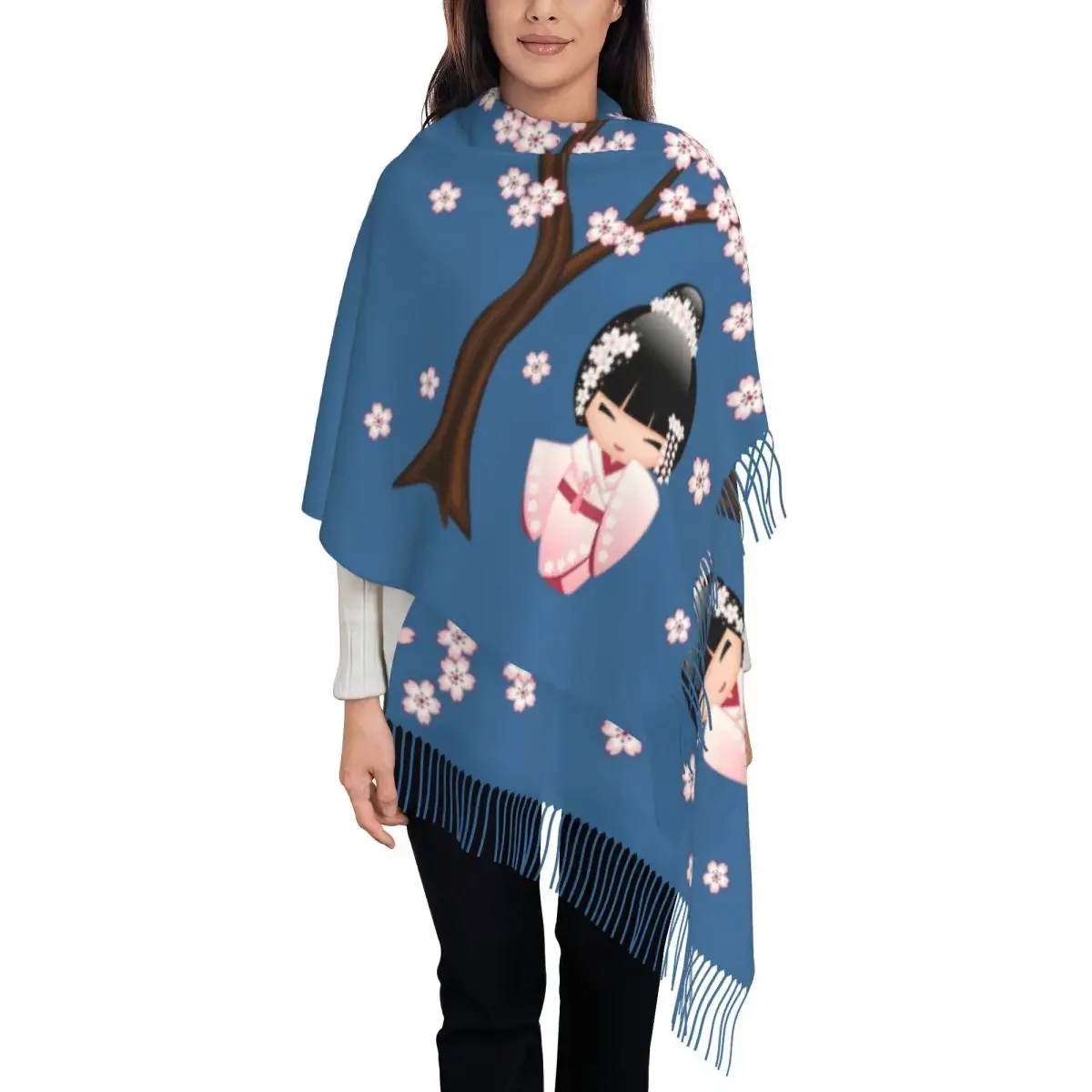 Female Large Japanese Bride Kokeshi Doll Scarves Women Winter Soft Warm Tassel Shawl Wrap Sakura Geisha Scarf