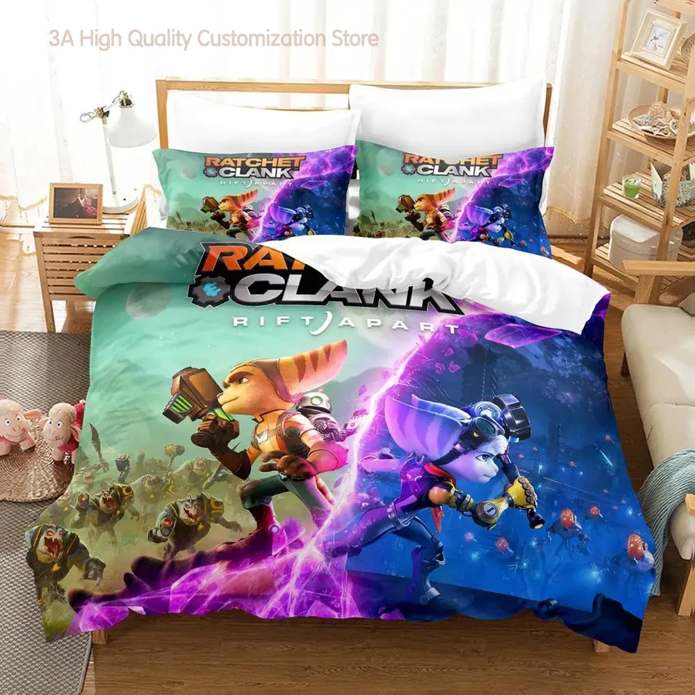 

Game Anime Ratchet Clank Rift Apart Bedding Set Cartoon three-piece set Adult Boys Bedroom Duvetcover Sets 3D Kawaii