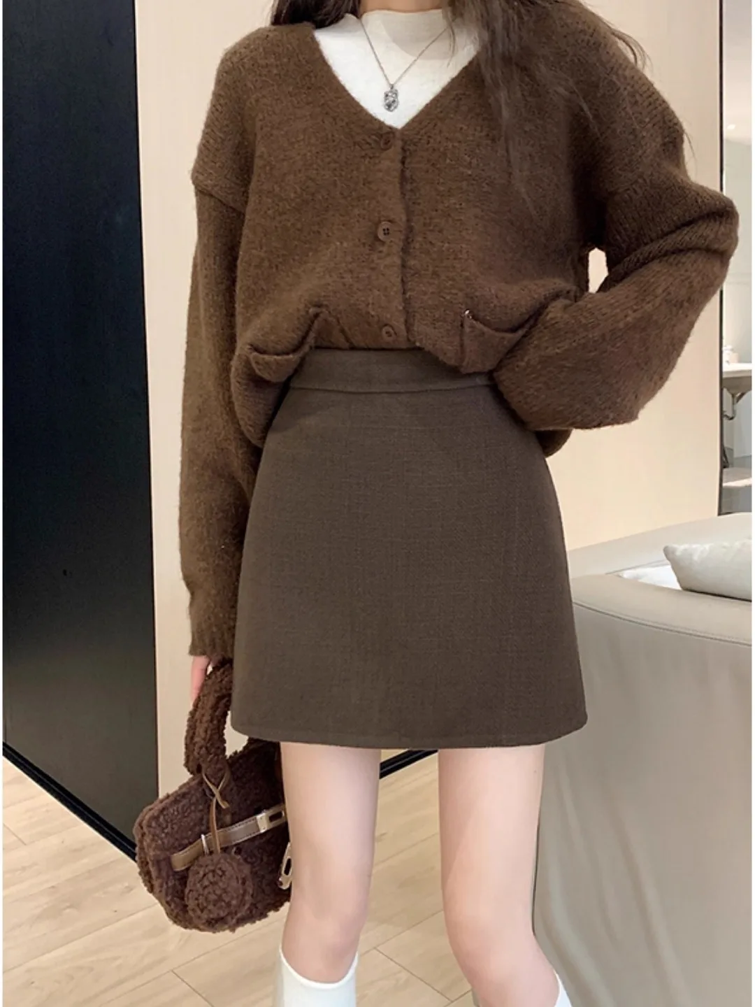 

Женская шерстяная юбка А-силуэта больших размеров с высокой талией, облегающая, короткая, повседневная, на подкладке, с защитой от просвечивания