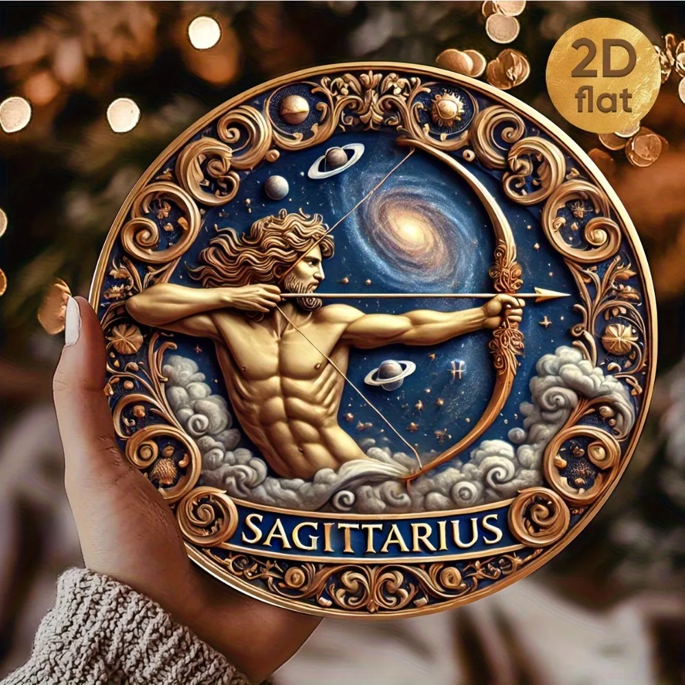 Vintage Sagittarius Zodiac Metal Wall Art: 2D Flat Aluminum Decoration, Featuring Archer, Deep Blue Night Sky, and Home Art