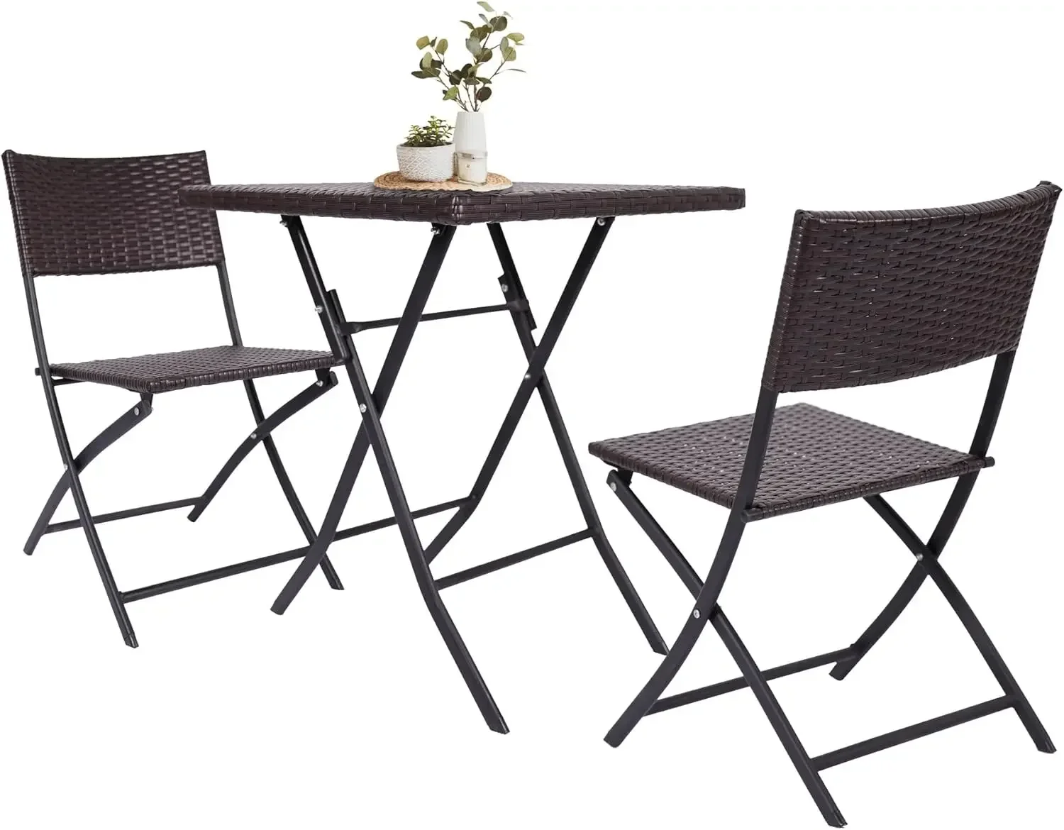 

3-Piece Rattan Folding Bistro Chair Set Handwoven Small Balcony Patio Furniture with Square Table Lightweight