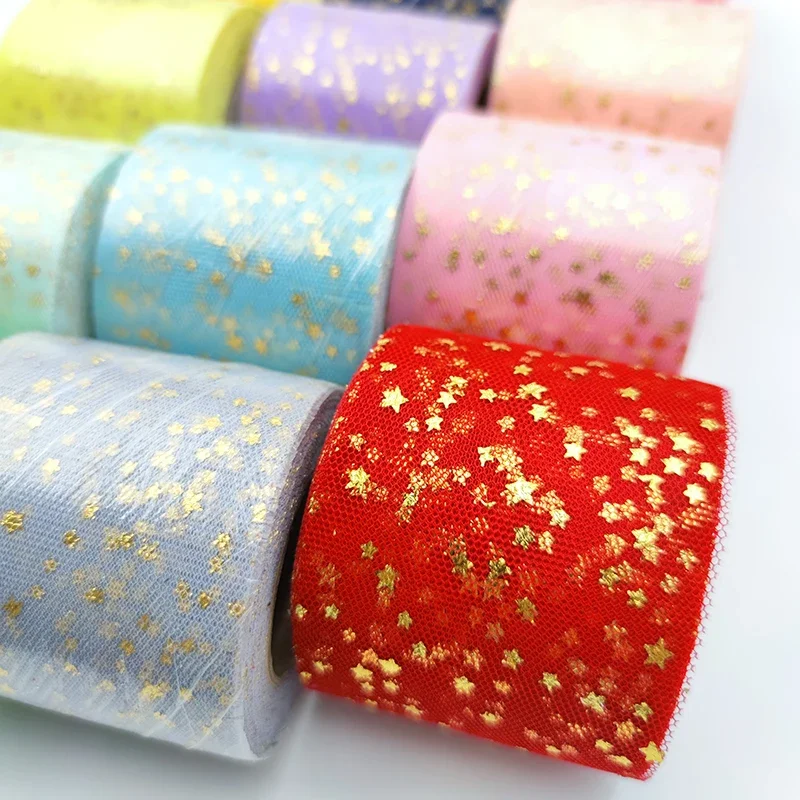 Hot Stamping Star ribbon Bow Mesh Roll DIY Hair Accessories Material Rope Net Decoration Tulle Craft Ribbons Gift Bow Packaging