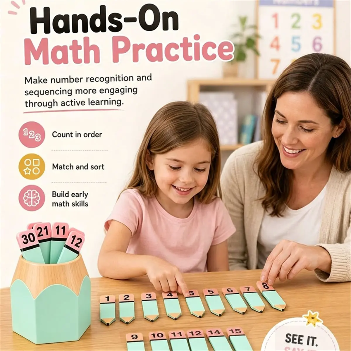 Pencil Number Counting Set 1-35, Reusable Number Matching Math Manipulatives for Classroom Draws