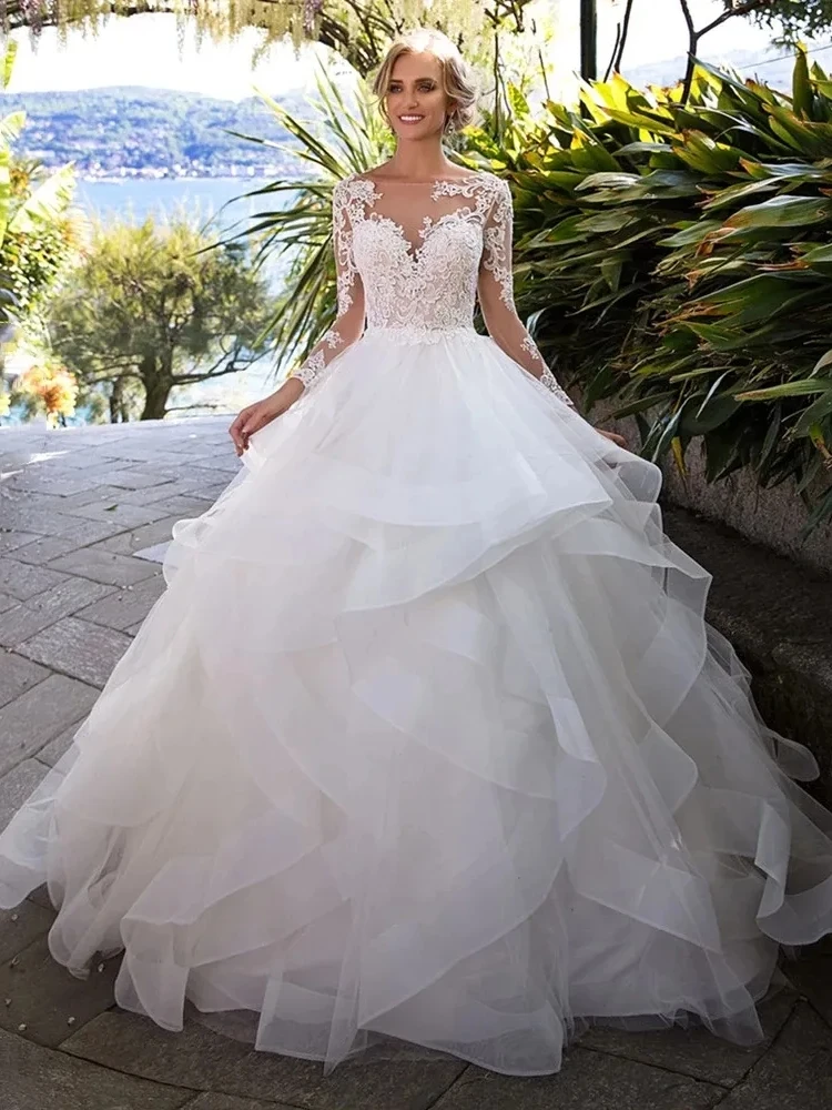 Vestidos de casamento princesa com mangas compridas, decote em v, vestes nupciais sem costas, apliques de renda, lindos vestidos de baile, 2024