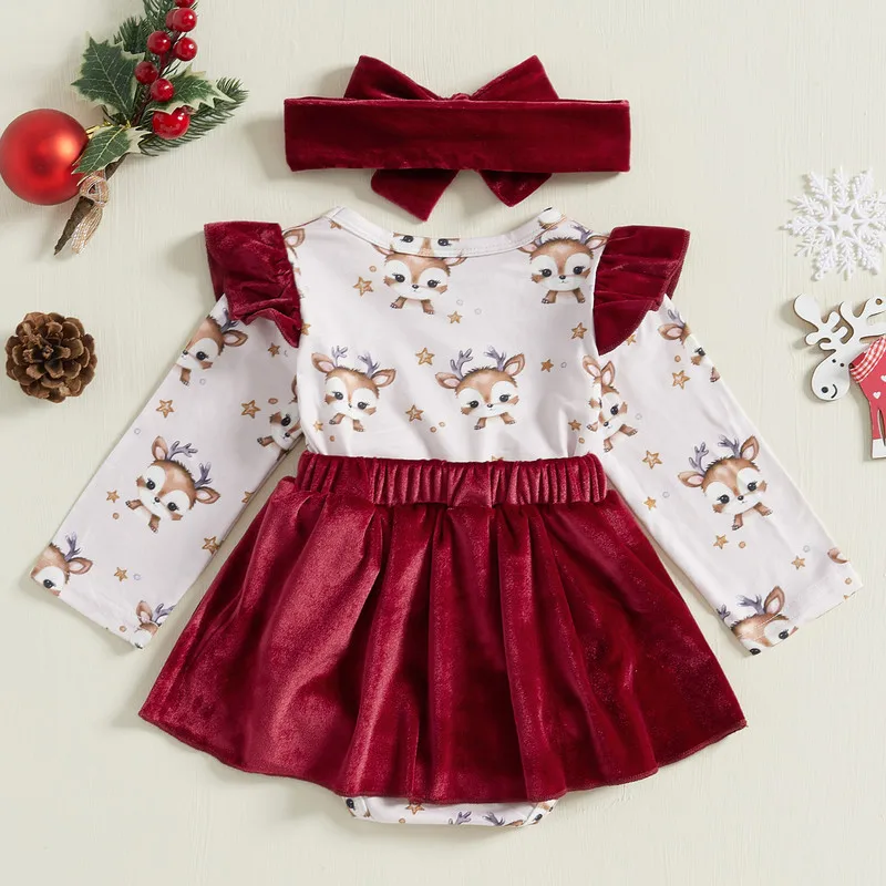 0 to 18 Months Christmas Baby Girls Bodysuit Dress Elk Print Long Sleeve Jumpsuits and Cute Headband Set Infant