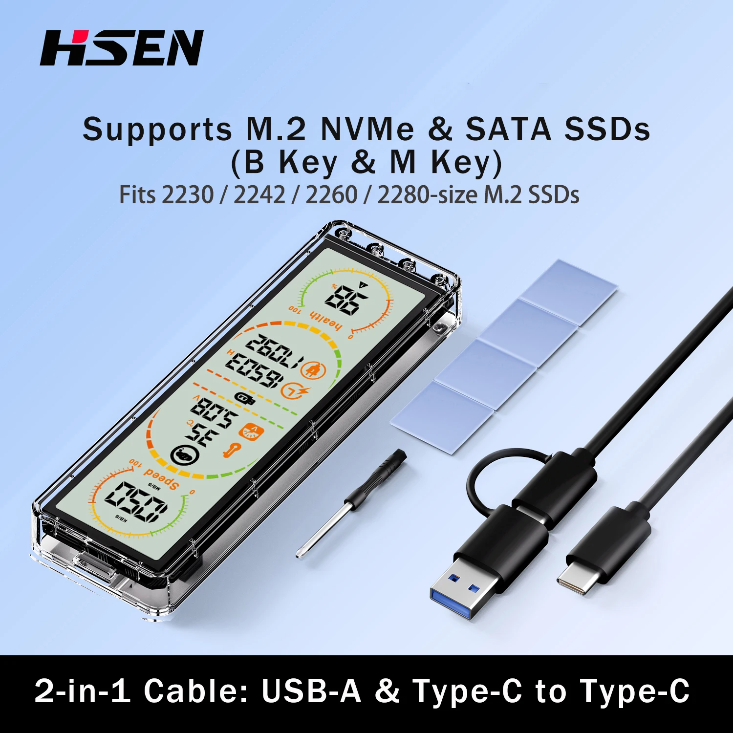 10Gbps Transparentes M.2 SSD-Gehäuse mit integriertem Smart-Display, USB 3.2 Gen2 Typ-C externes SSD-Gehäuse, unterstützt NVMe & SATA Dual