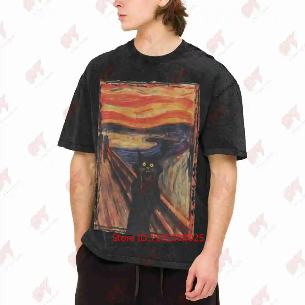 The Scream Munch Cat Famous Painting Vintage Washed Tee Pure Cotton T-Shirt