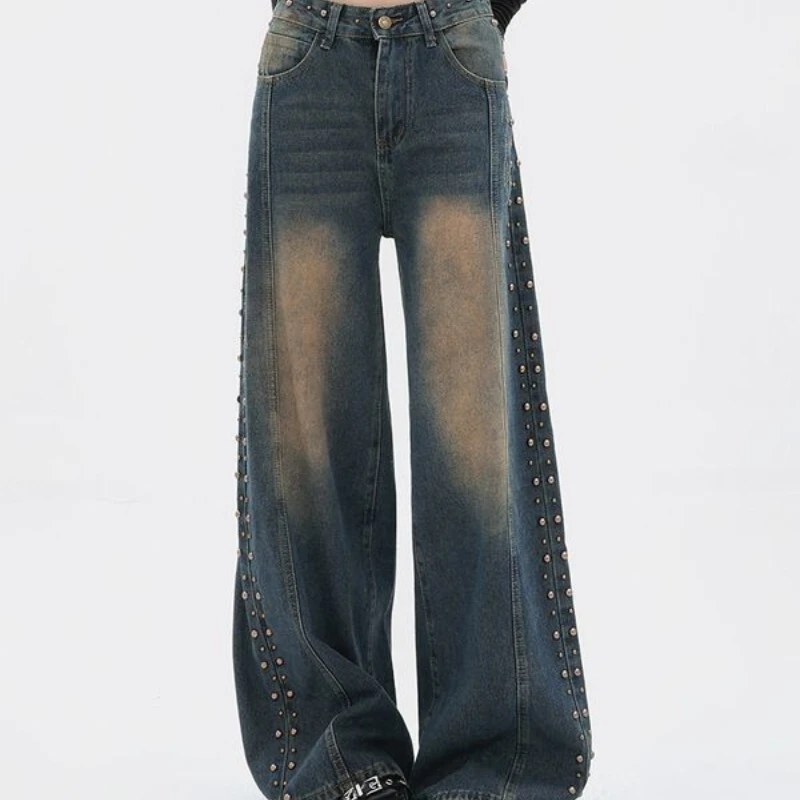 Oryginalne jeansy Retro Wash To Do Old Design Sense Rivet Jeans Loose Straight Leg Drop Wide Pants New Small High Waisted Baggy Jeans