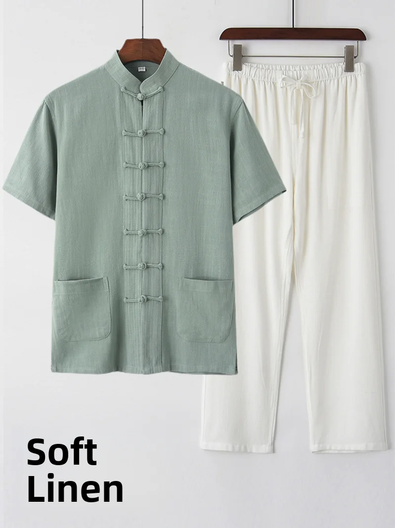 summer-thin-cotton-linen-short-sleeve-men's-tang-suit-buttoned-retro-half-sleeve-set-casual-comfortable-breathable-men's-wear