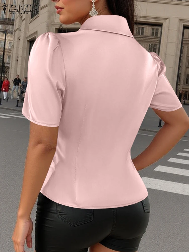 ZANZEA 2025 elegante blusa de satén para mujer, Tops tipo túnica de verano, moda Puff, manga corta, cuello en V, camisa asimétrica, Blusas sólidas de oficina