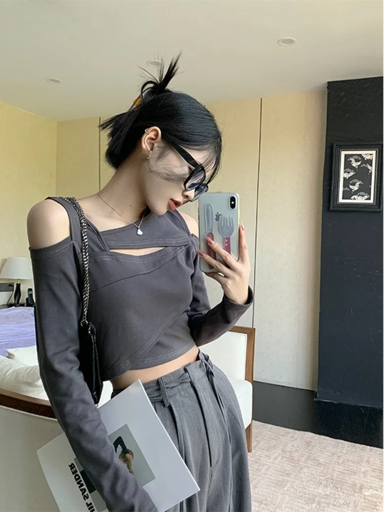 2024 Off Shoulder Crop T-shirt Women Y2k Fashion Hollow Out Long Sleeve TShirts Autumn Korean Streetwear Sexy  Slim-fit Tops