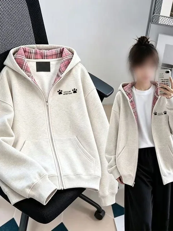 Women's Hooded Plaid Patchwork Fleece Lined Casual Jacket Autumn Winter New Style Open Cardigan Versatile Age Reduction Outer...
