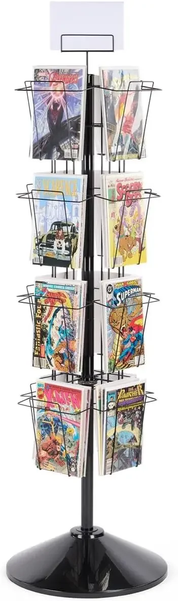 59" Tall Metal Wire Rotating Magazine Rack with 16 Pocket and Sign Holder - Black (WSFM416PB)