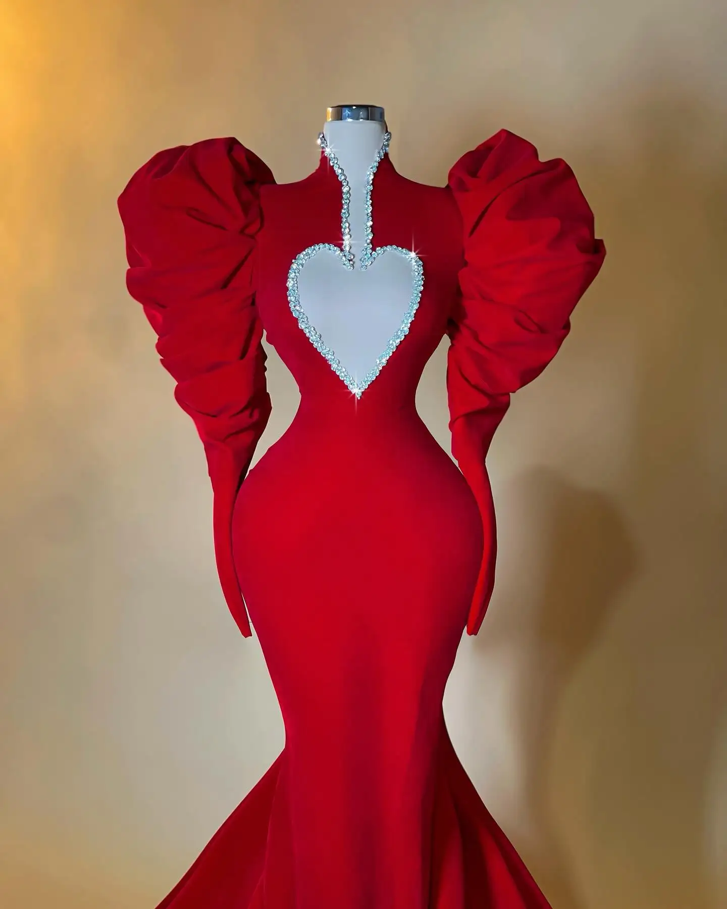 Stunning Red Stretchy Mermaid Evening Dresses With Sweetheart Shape  Puff Sleeves Beaded Sexy Long Evening Gowns Real Image