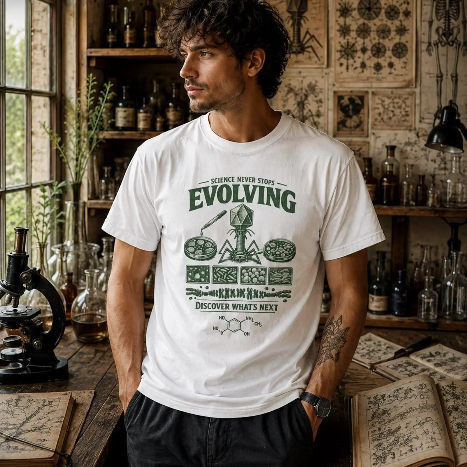 Vintage Science Never Stops Evolving T Shirt Retro Microbiology Bacteriophage Biology for Biologists vintage Washed Comfortable