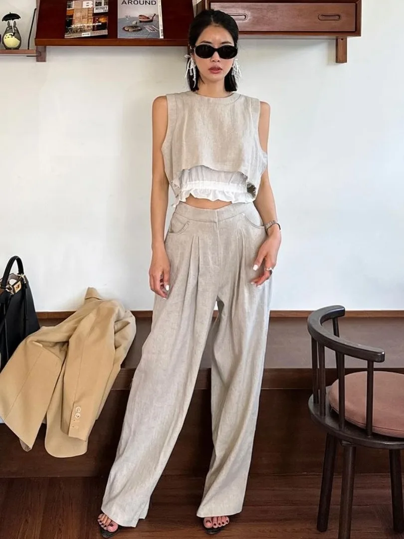 ผ้าฝ้ายลินิน Svel เสื้อกั๊กเอวสูง ort ความยาว Anti-Light การจับคู่ขากว้างกางเกงขายาวผู้หญิงหวาน Sle ชุด