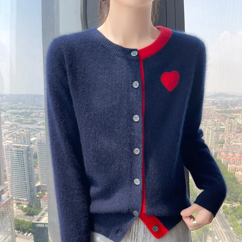 

Autumn Winter New 100% Cashmere Sweater Women's Clothing Round neck Knitted Cardigan Fashion Korean Contrasting Color Hear Tops