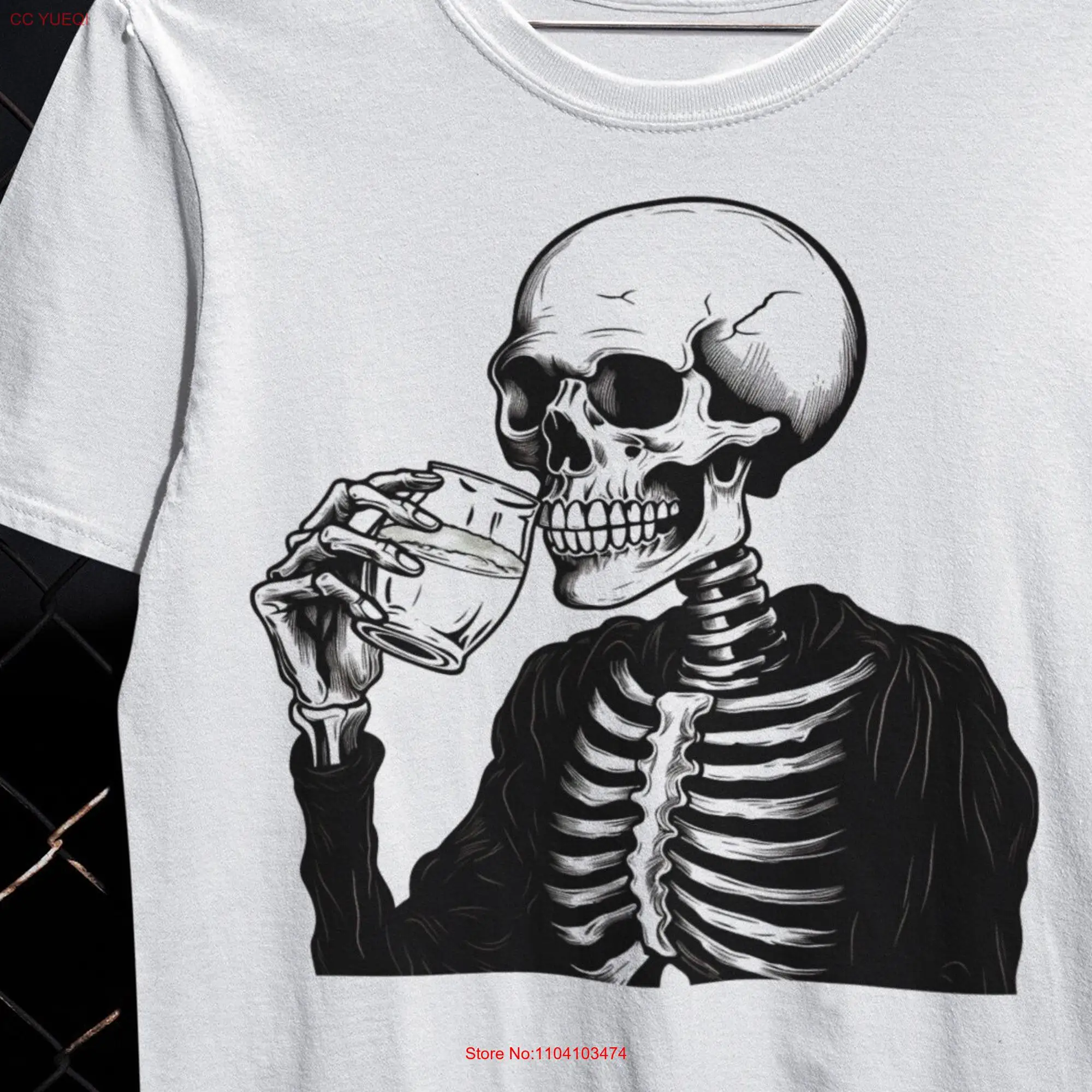 Skeleton Drinking Cocktail T Shirt Trad Goth Pastel Clothing Y2K Skull Clothes Top long or short sleeves