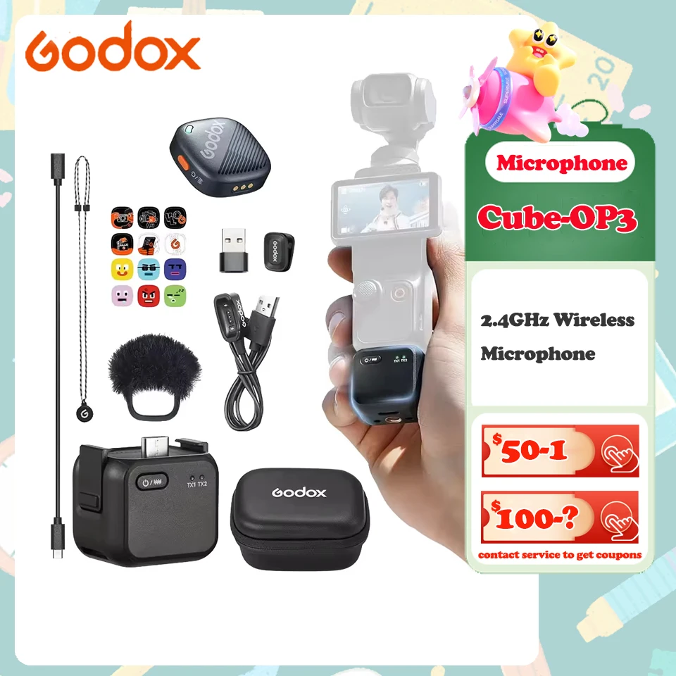 ميكروفون Godox Cube-OP3 2.4 جيجا هرتز لاسلكي 200 متر، ميكروفون منخفض الكمون لتقليل الضوضاء متوافق مع DJI Osmo Pocket 3