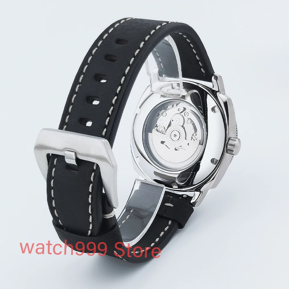 กระจกแซฟไฟร์นาฬิกาผู้ชายอัตโนมัติRelogio Masculino 42mmNH35 สายหนังสีขาวสีดําDialผู้ชายWatc