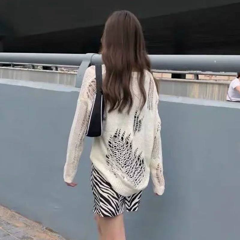 

Свитер женский с длинным рукавом, свободный тонкий вязаный модный дизайн, пуловер, однотонный ажурный XQ646