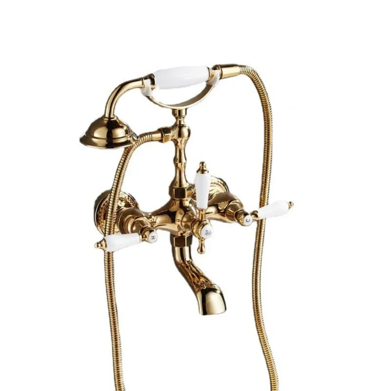 WEPICK-Antique Brushed Brass Bath Faucets, parede montada bacia do banheiro, torneira misturadora, guindaste com chuveiro de mão