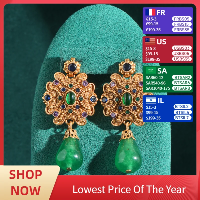 

Vintage Emerald Green Agate Teardrop Drop Earrings Rhinestones Antique Gold Color Luxury Designer Jewelry Woman Accessories