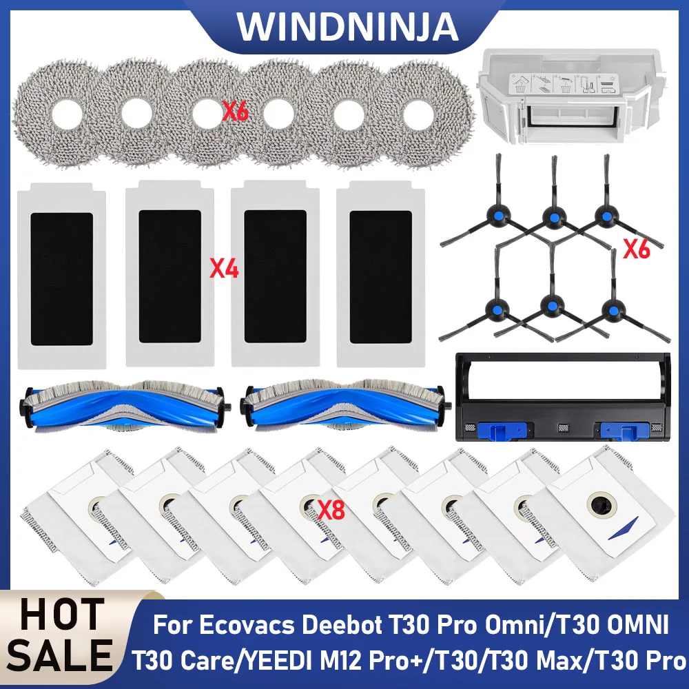 

Для Ecovacs Deebot T30 Pro Omni/T30 OMNI/T30/T30Max/T30 Pro/YEEDI M12 Pro+ роликовая и боковая щетки, HEPA-фильтры, мешки для сбора пыли, салфетки для влажной уборки, контейнер для мусора