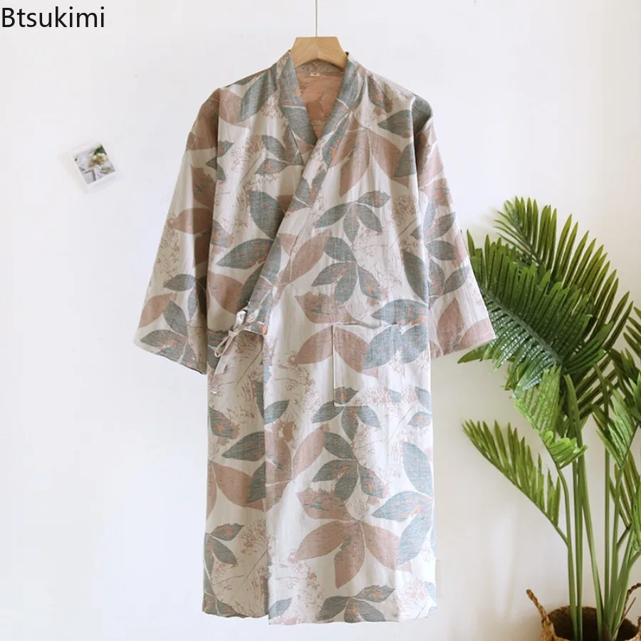 New 2025 Spring and Autumn Women's Cotton Kimono Sleeping Robes Yukata Cardigan Lace Up Yarn Woven Jacquard Bathrobes for Women