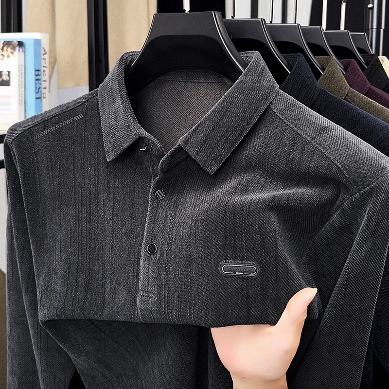 

Luxury Quality Men's Polo Shirt Simple Letter Jacquard Chest Badge Long Sleeve Autumn Winter Lapel T-Shirt Business Menswear