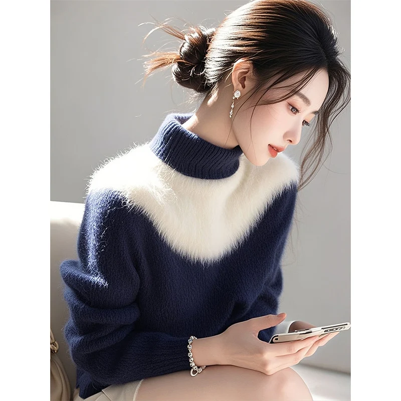 Blue White Color Blocked Fashionable Women's Sweater Autumn Winter Casual High-end Half High Neck Knitted Sweater Top for Women