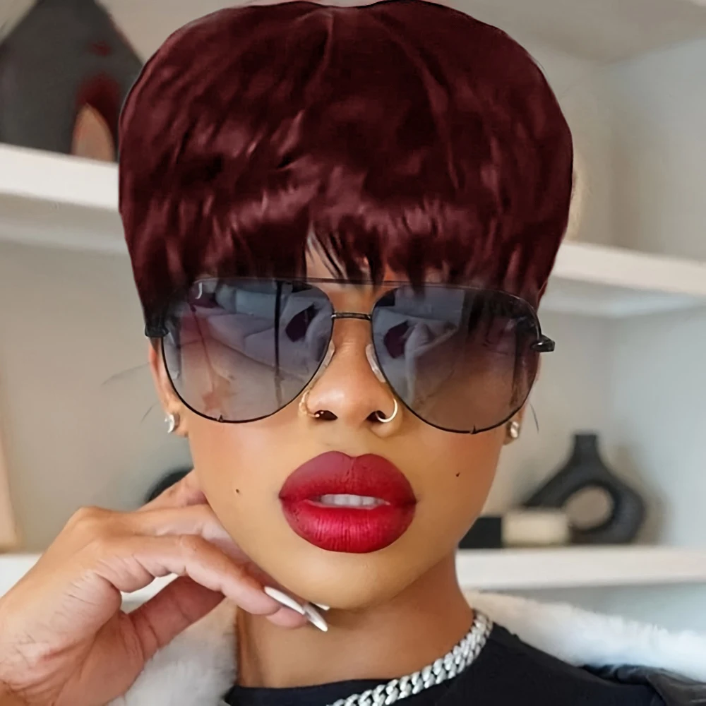 

Short Pixie Cut Wig Human Hair with Bangs for Women 150% Density Brazilian Remy Hair Short Machine Made Wig Natural Color Brown