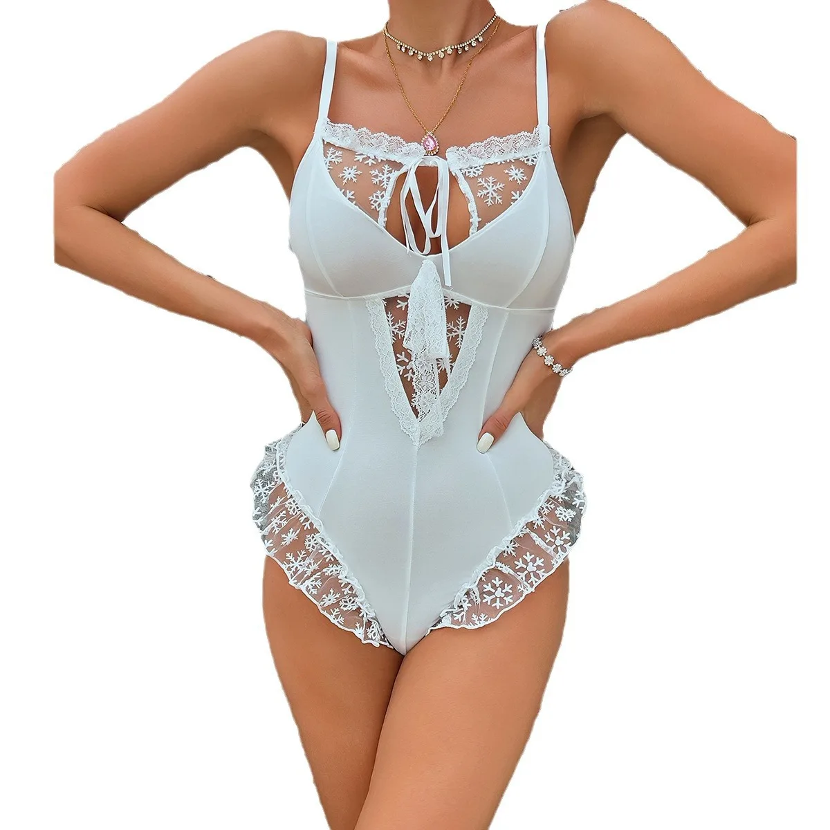 White jumpsuit Christmas snowflake perspective sexy suspender base coat sexy bodysuit lingerie  langerie sexy body