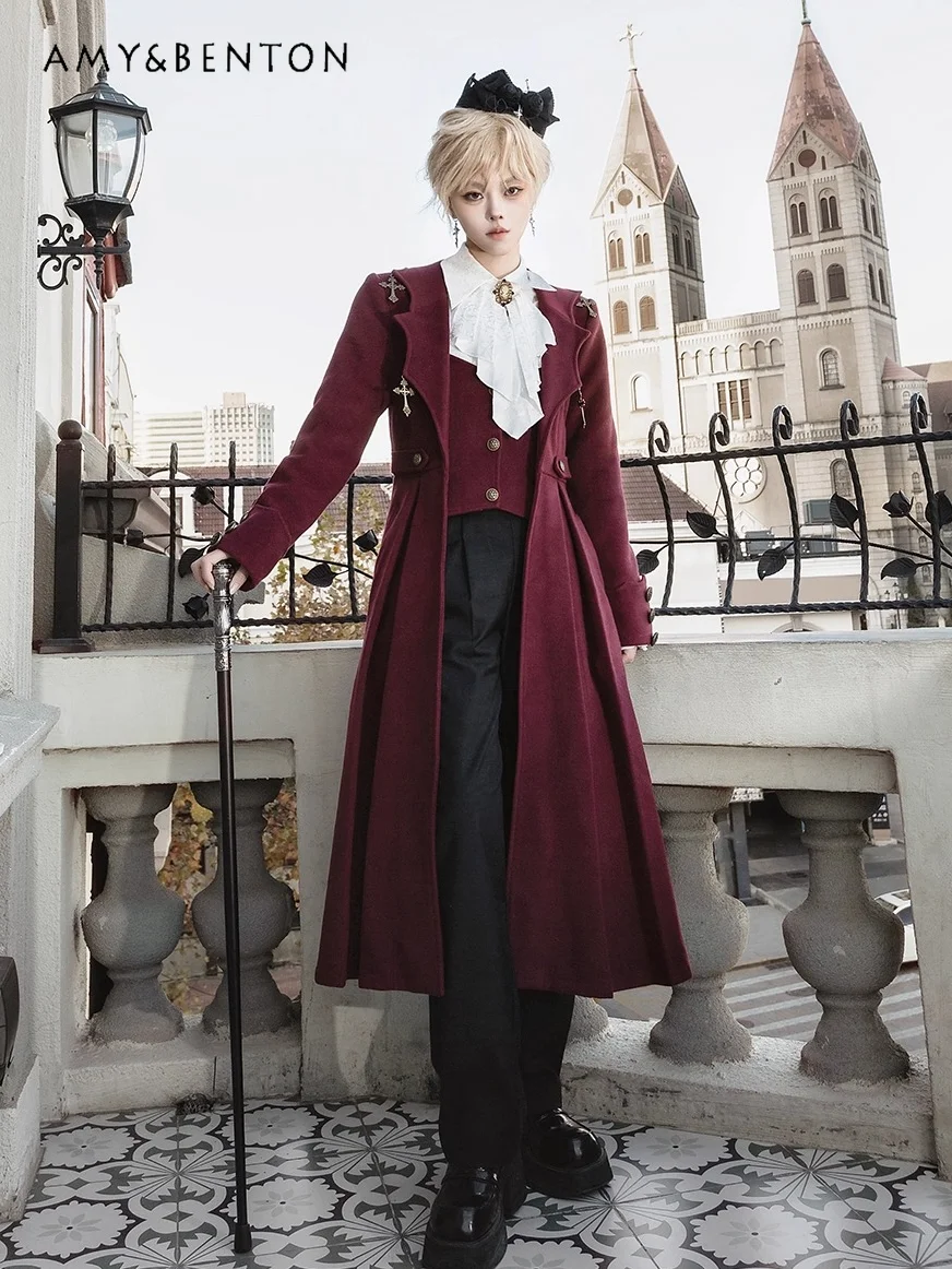 

Retro Court Style Gorgeous Lolita Gothic Red Prince Gentleman Suit Cosplay Subculture Cross Collar Mid-Length Coat Shirt Pants