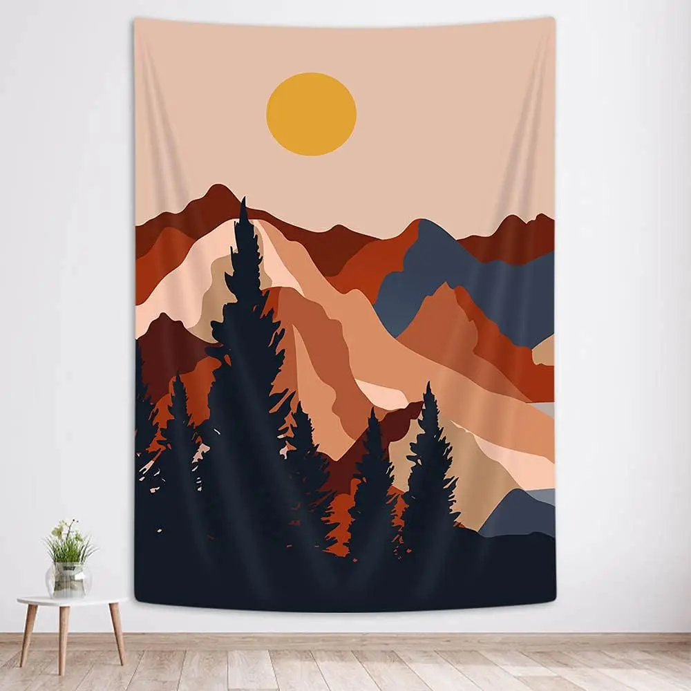 

Вертикальный гобелен от солнца, Эстетический гобелен для украшения стены комнаты горного леса, богемное минималистское украшение для общежития