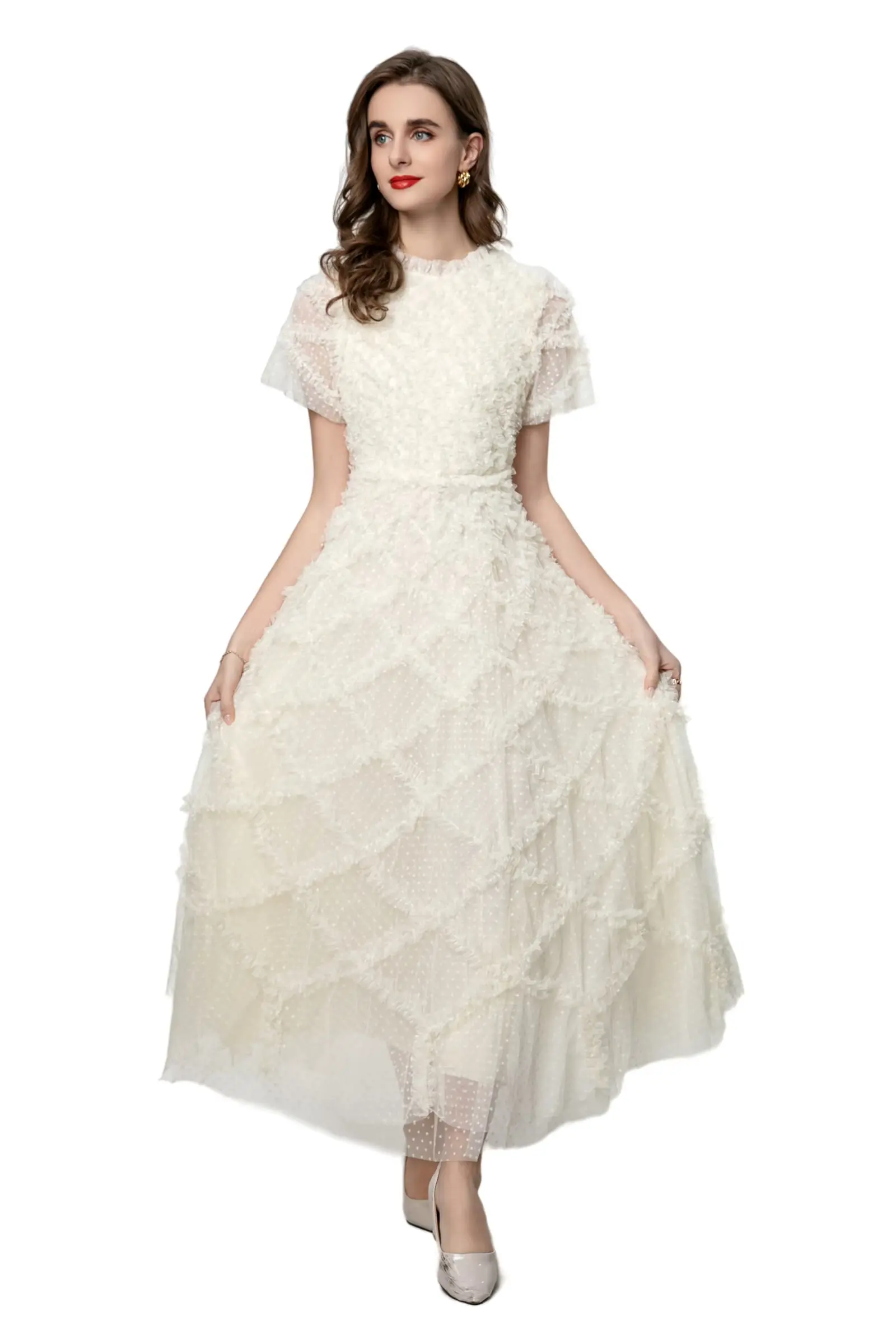 Meyyithun novo vestido feminino em torno do pescoço de manga curta malha em camadas babados borda elegante boêmio vestido de baile baile 0317mz01